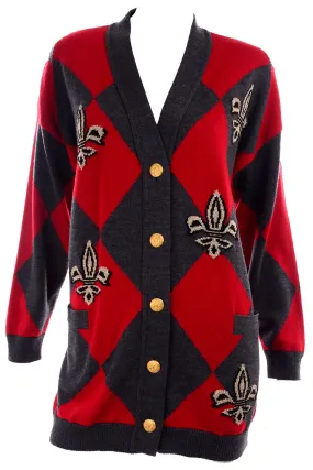 1980s Escada Red & Grey Fleur De Lis Harlequin Oversized Vintage Cardigan