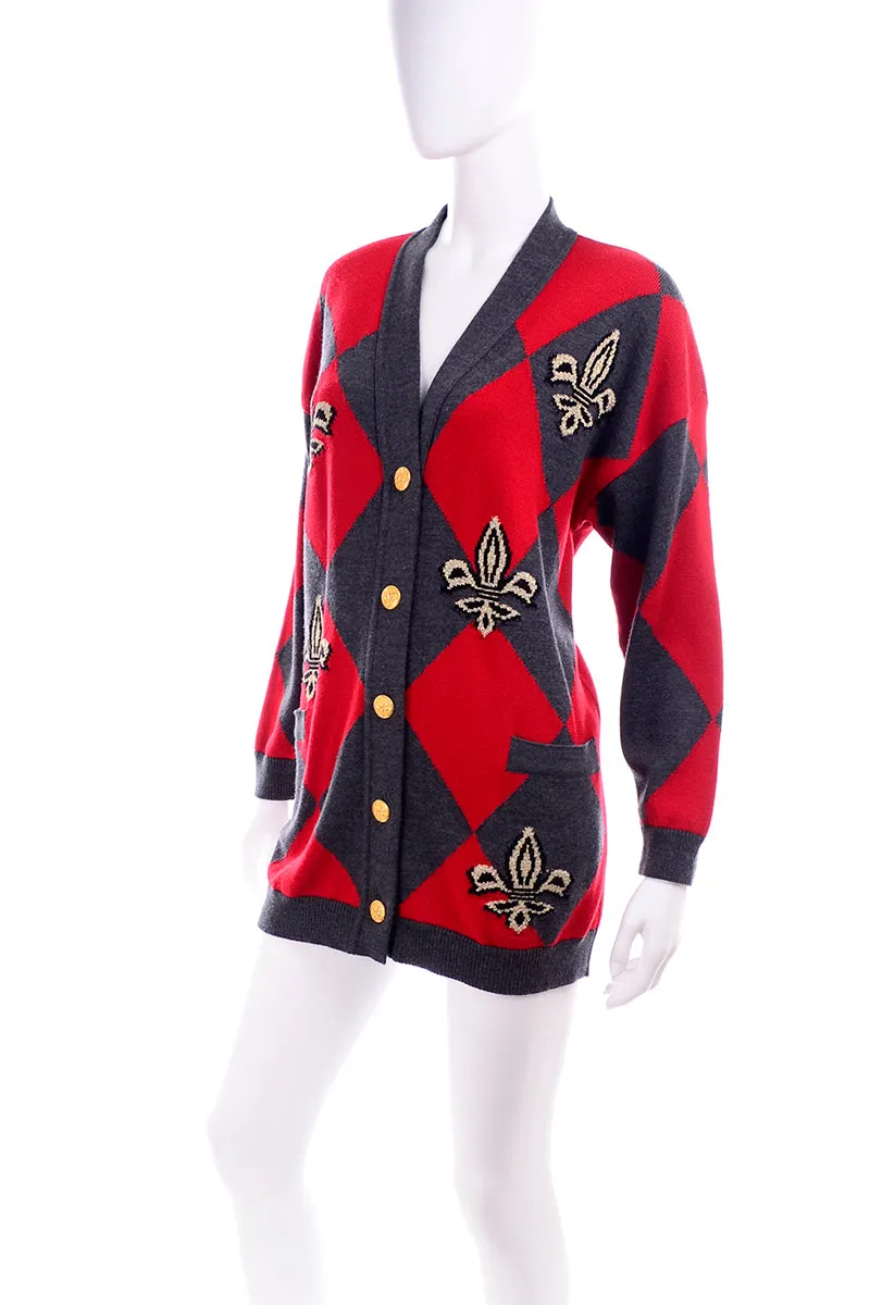 1980s Escada Red & Grey Fleur De Lis Harlequin Oversized Vintage Cardigan