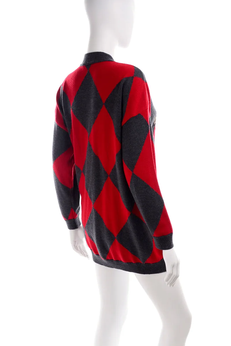 1980s Escada Red & Grey Fleur De Lis Harlequin Oversized Vintage Cardigan