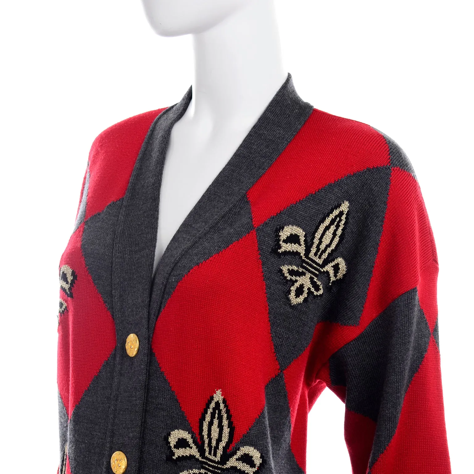 1980s Escada Red & Grey Fleur De Lis Harlequin Oversized Vintage Cardigan