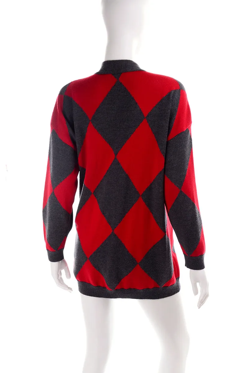 1980s Escada Red & Grey Fleur De Lis Harlequin Oversized Vintage Cardigan