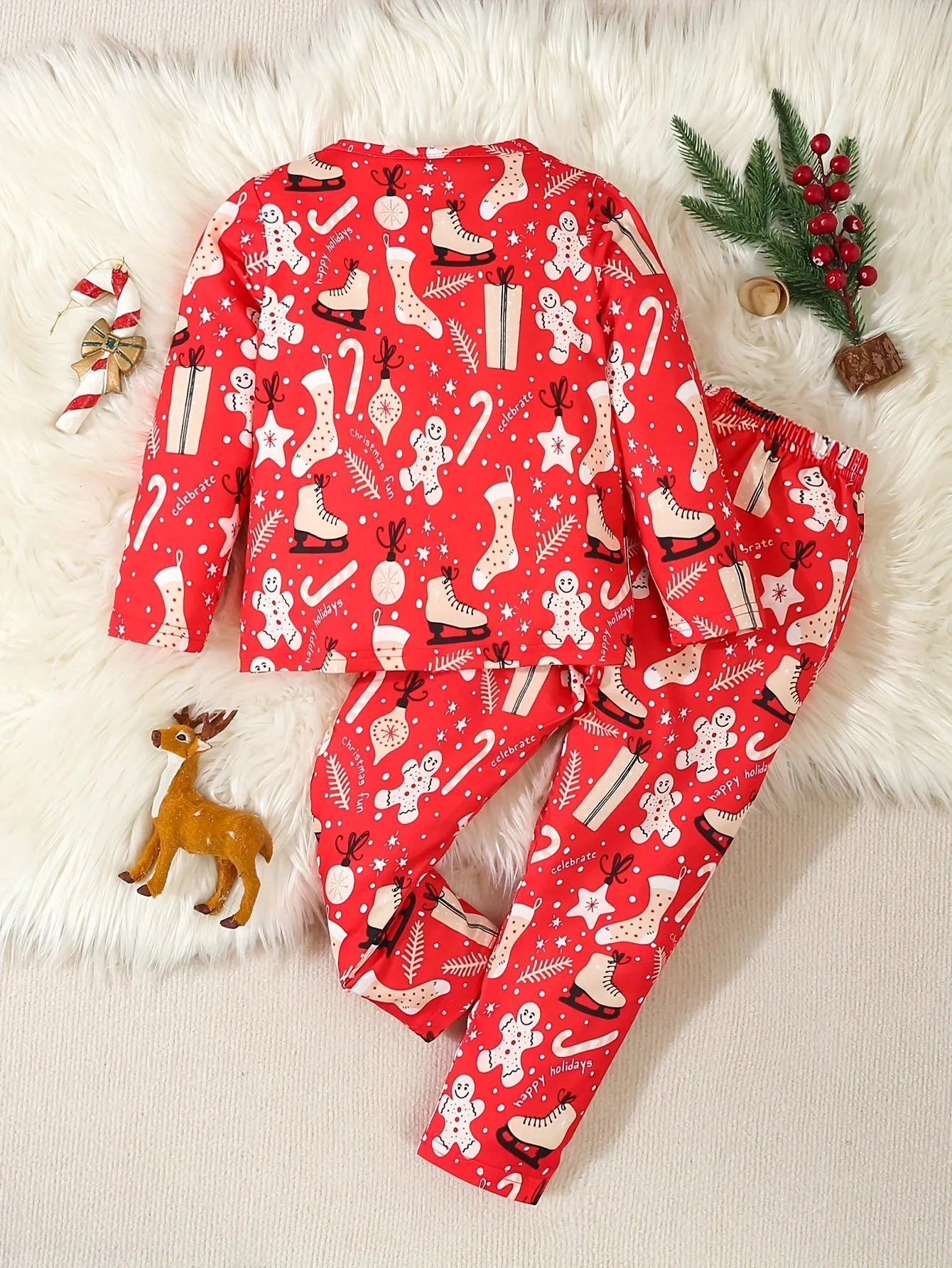 2 Pcs Girl's Casual Underwear Set, Cute Christmas Print Round Neck Long Sleeve & Trousers, Comfy & Skin-friendly Set, Ideal For Daily & Outdoor Wear, As Gift