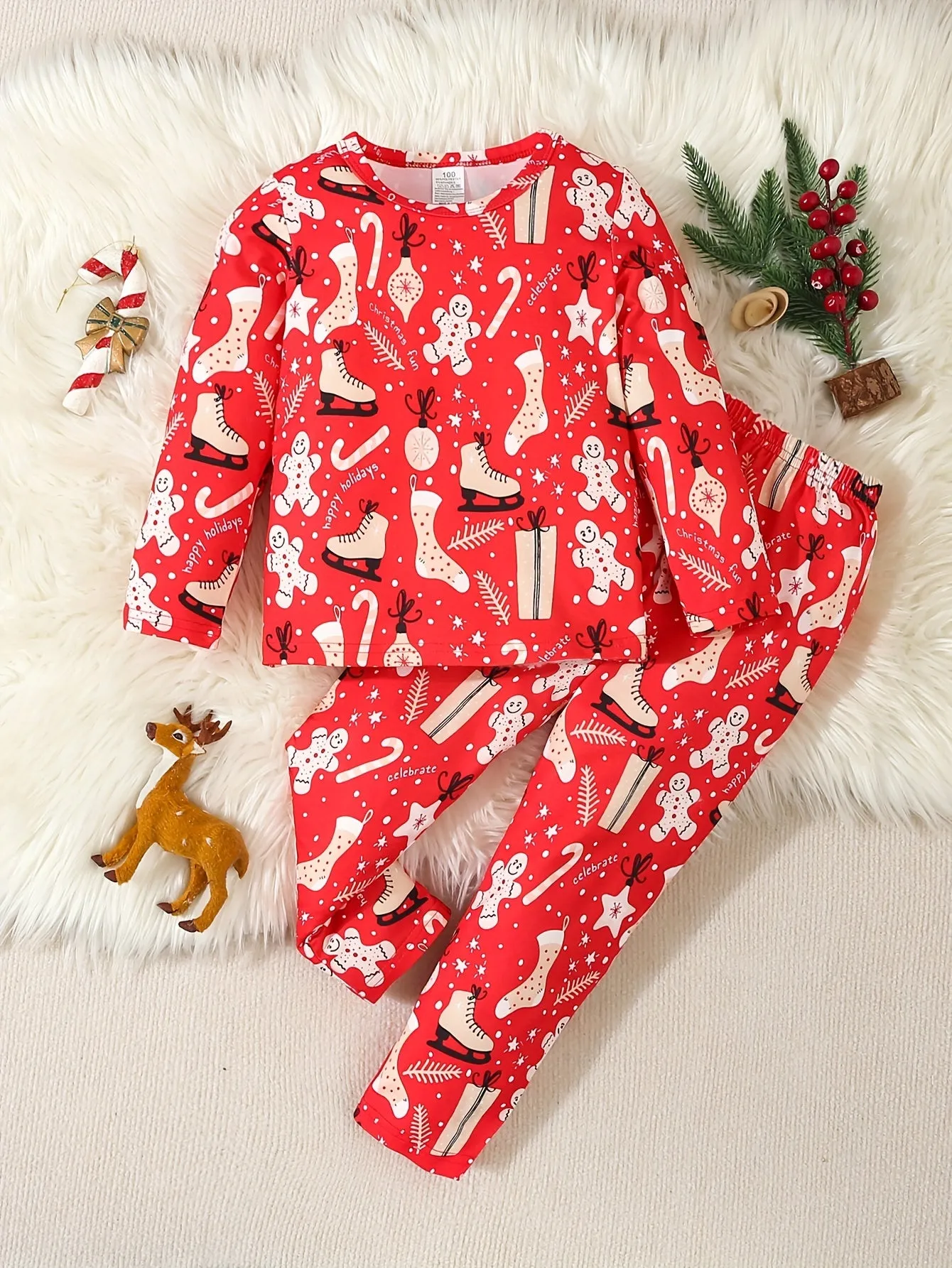 2 Pcs Girl's Casual Underwear Set, Cute Christmas Print Round Neck Long Sleeve & Trousers, Comfy & Skin-friendly Set, Ideal For Daily & Outdoor Wear, As Gift