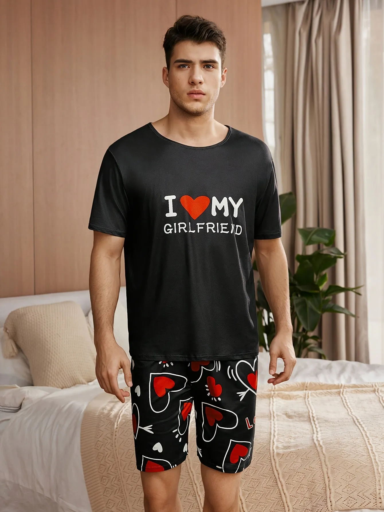 2 Pcs Men's I LOVE MY GF Print Round Neck Short Sleeve & Shorts Pajama Set, Comfortable & Skin-friendly Style Pajamas For Men's Cozy Loungewear