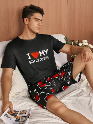 2 Pcs Men's I LOVE MY GF Print Round Neck Short Sleeve & Shorts Pajama Set, Comfortable & Skin-friendly Style Pajamas For Men's Cozy Loungewear