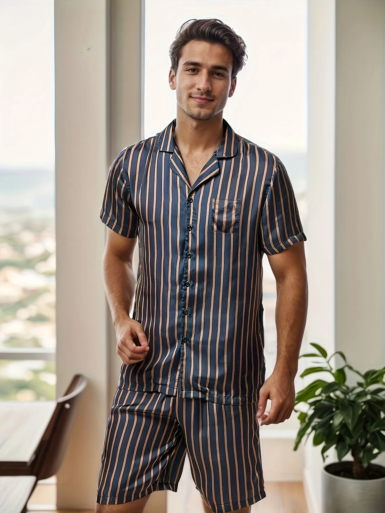 2 Pcs Men's Silky Trendy Stripe Print Reverse Neck Short Shirts & Shorts Pajama Sets, Comfortable & Skin-friendly Style Pajamas For Men's Cozy Loungewear