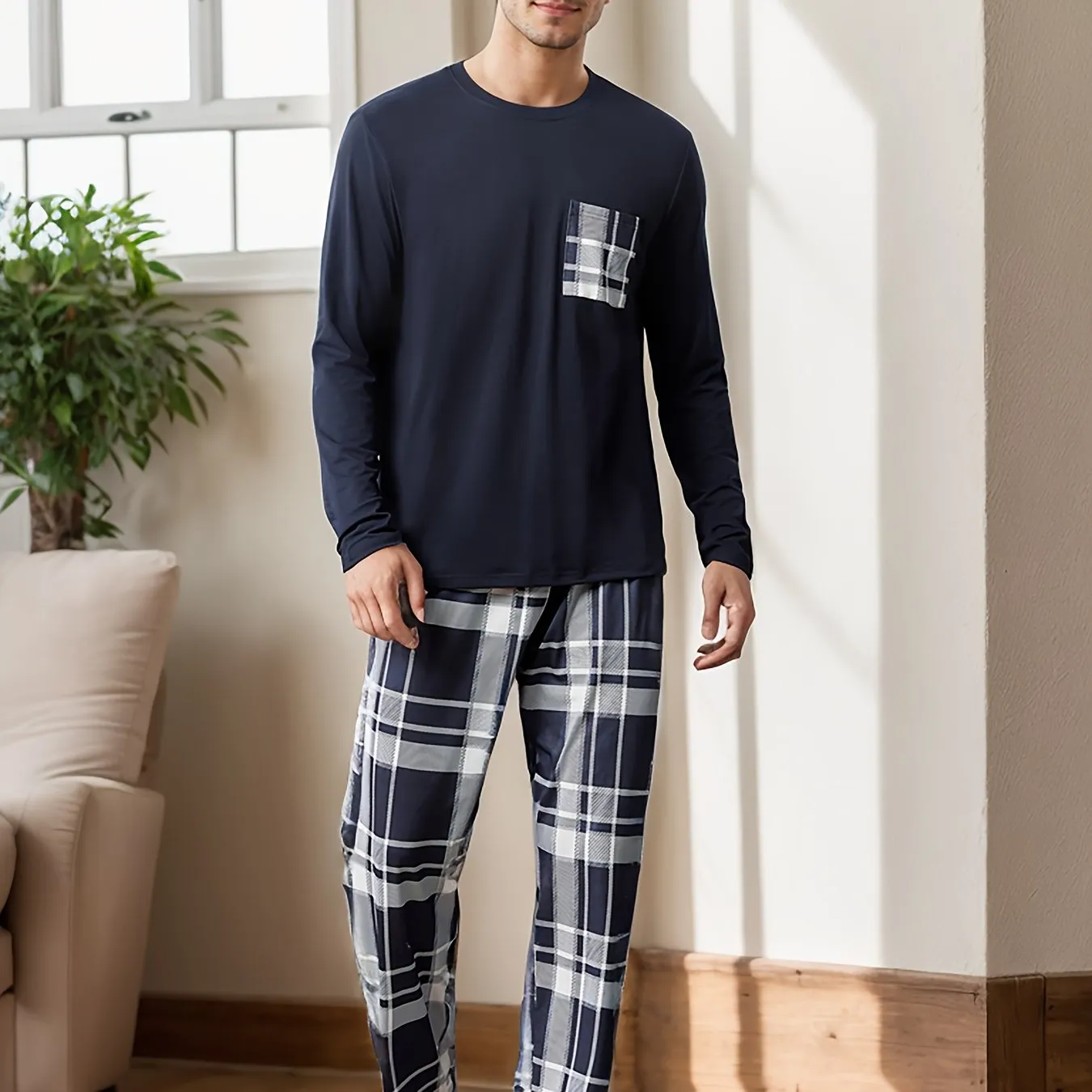 2 Pcs Men's Simple Plaid Pocket Round Neck Long Sleeve & Plaid Trousers Pajama Set, Comfortable & Skin-friendly Style Pajamas For Men's Cozy Loungewear