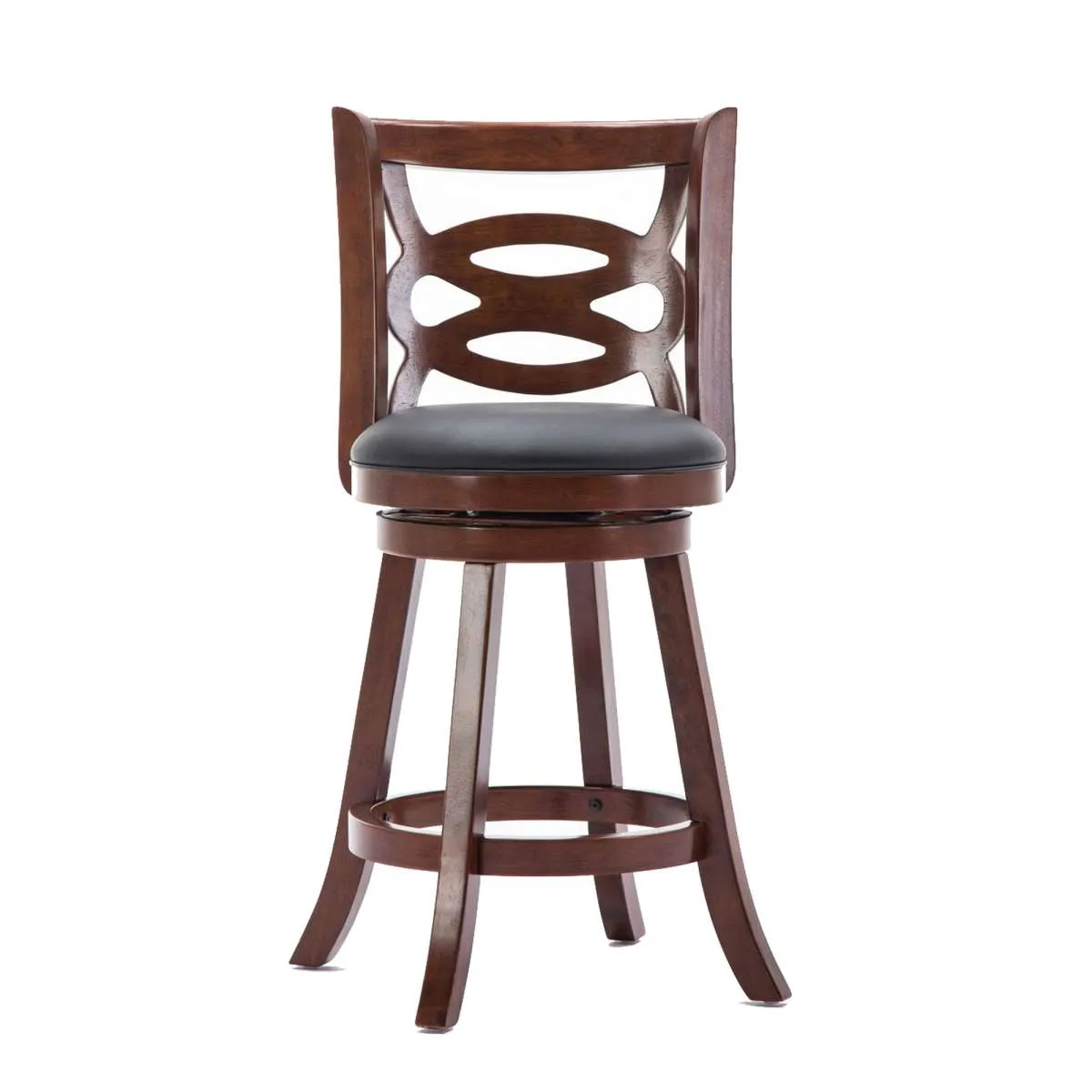 24 Inches Swivel Wooden Counter Stool With Geometric Back, Brown By Benzara