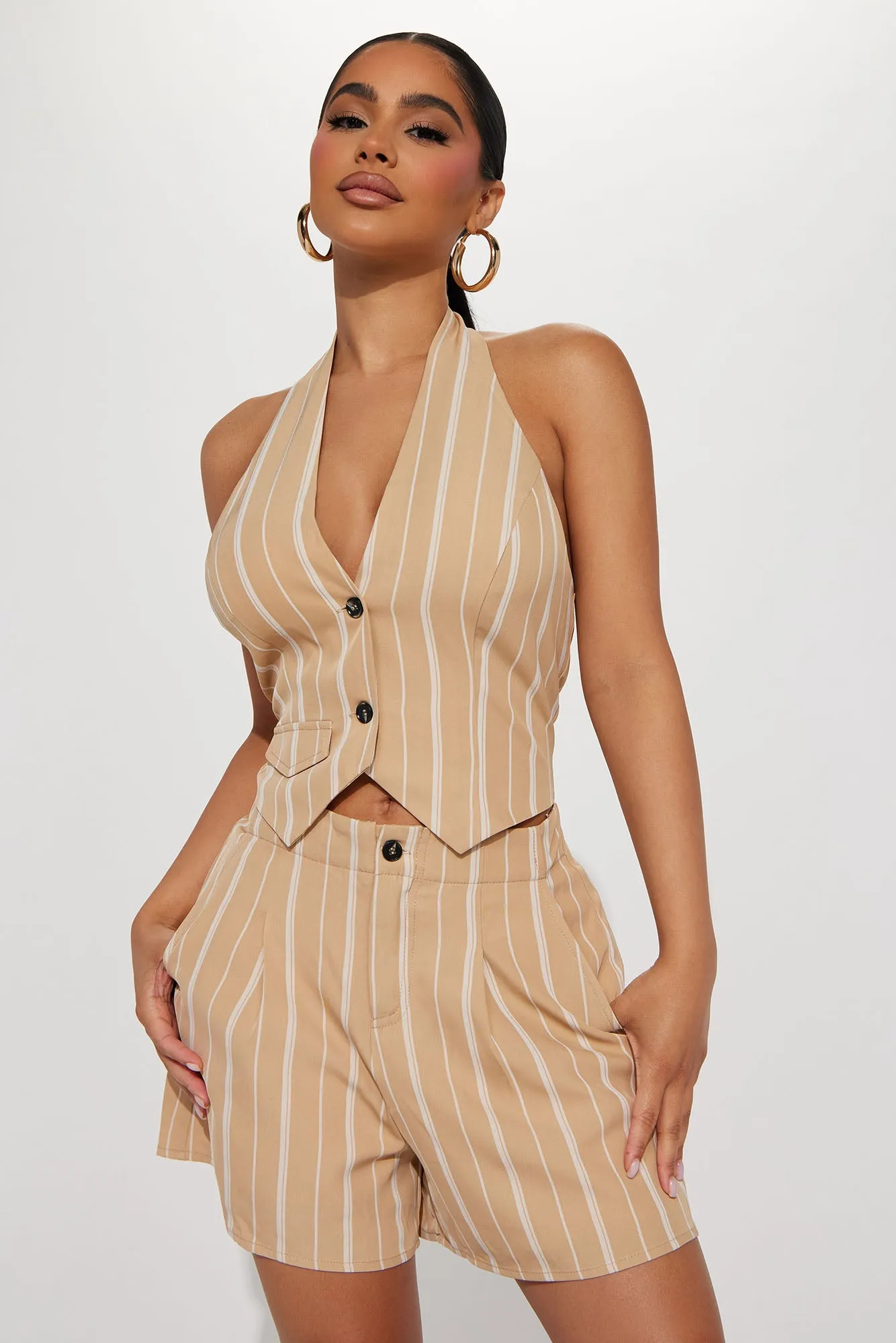 Alyssa Pinstripe Romper - Taupe/combo