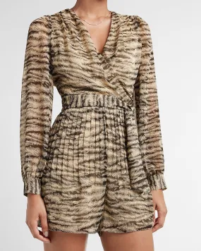 Animal Print Pleated Wrap Front Romper in Black Print