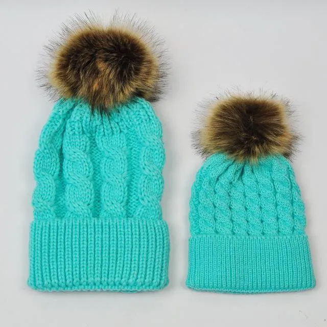 Baby Knitted Wool Crochet Beanies Fur Ball 2 Pcs