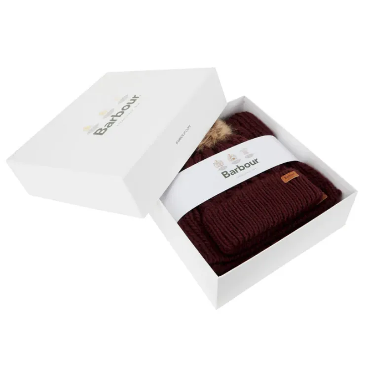 Barbour Penshaw Beanie & Scarf Gift Set in Bordeaux LGS0025