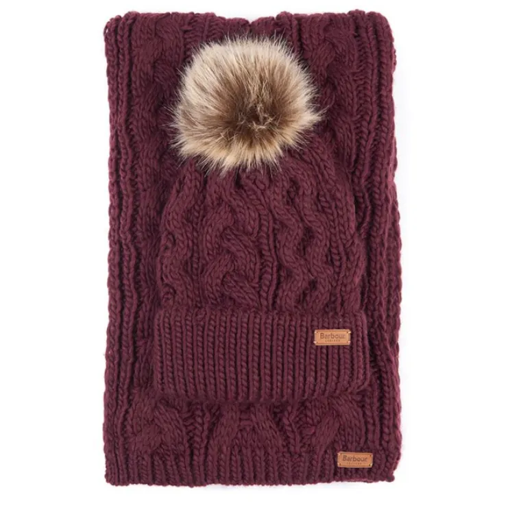 Barbour Penshaw Beanie & Scarf Gift Set in Bordeaux LGS0025