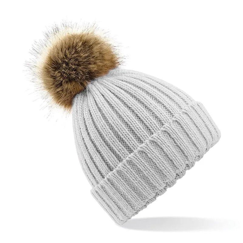 Beechfield Faux Fur Pom Pom Chunky Beanie