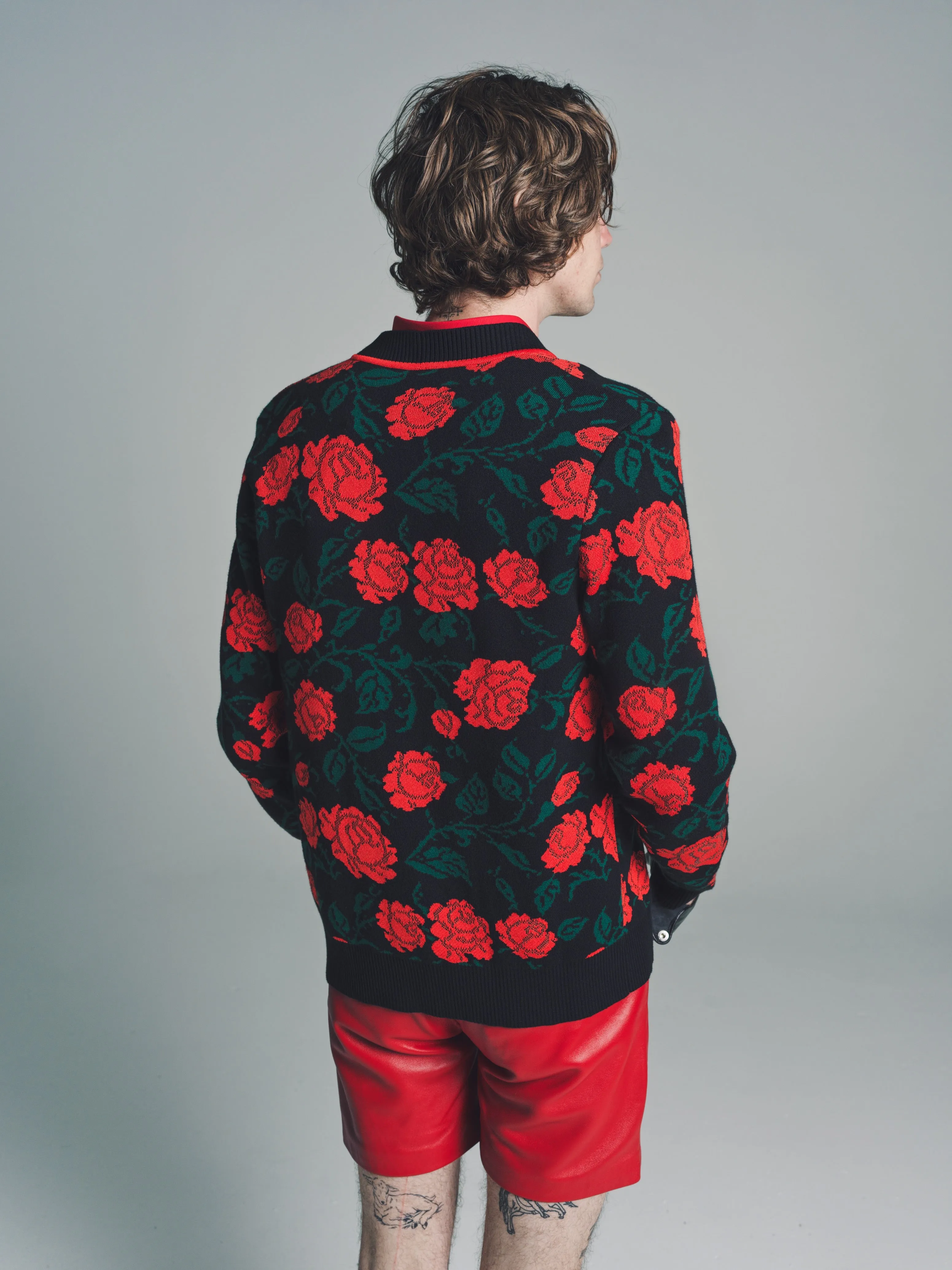 Black & Red Rose Jacquard Cardigan