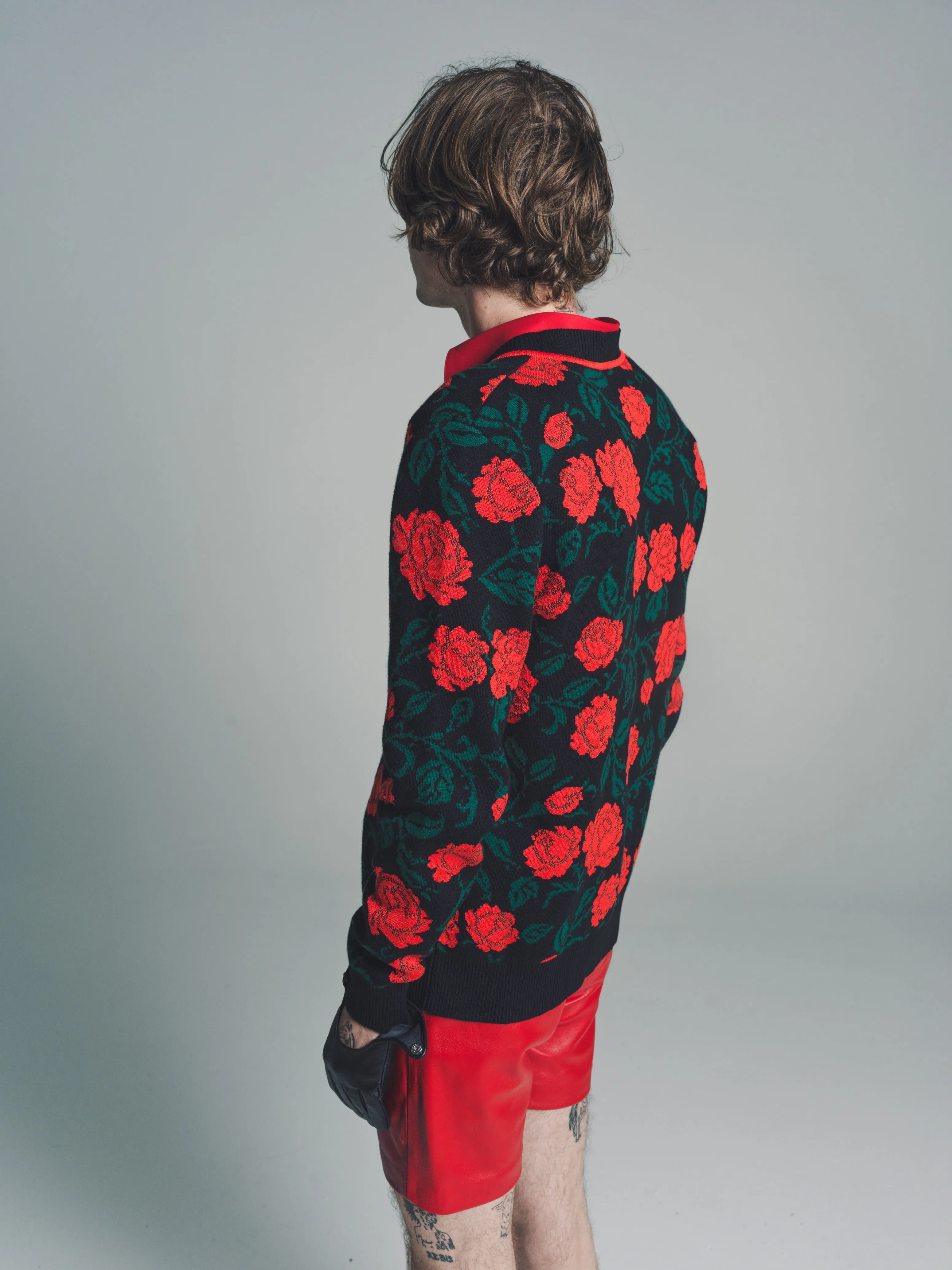 Black & Red Rose Jacquard Cardigan