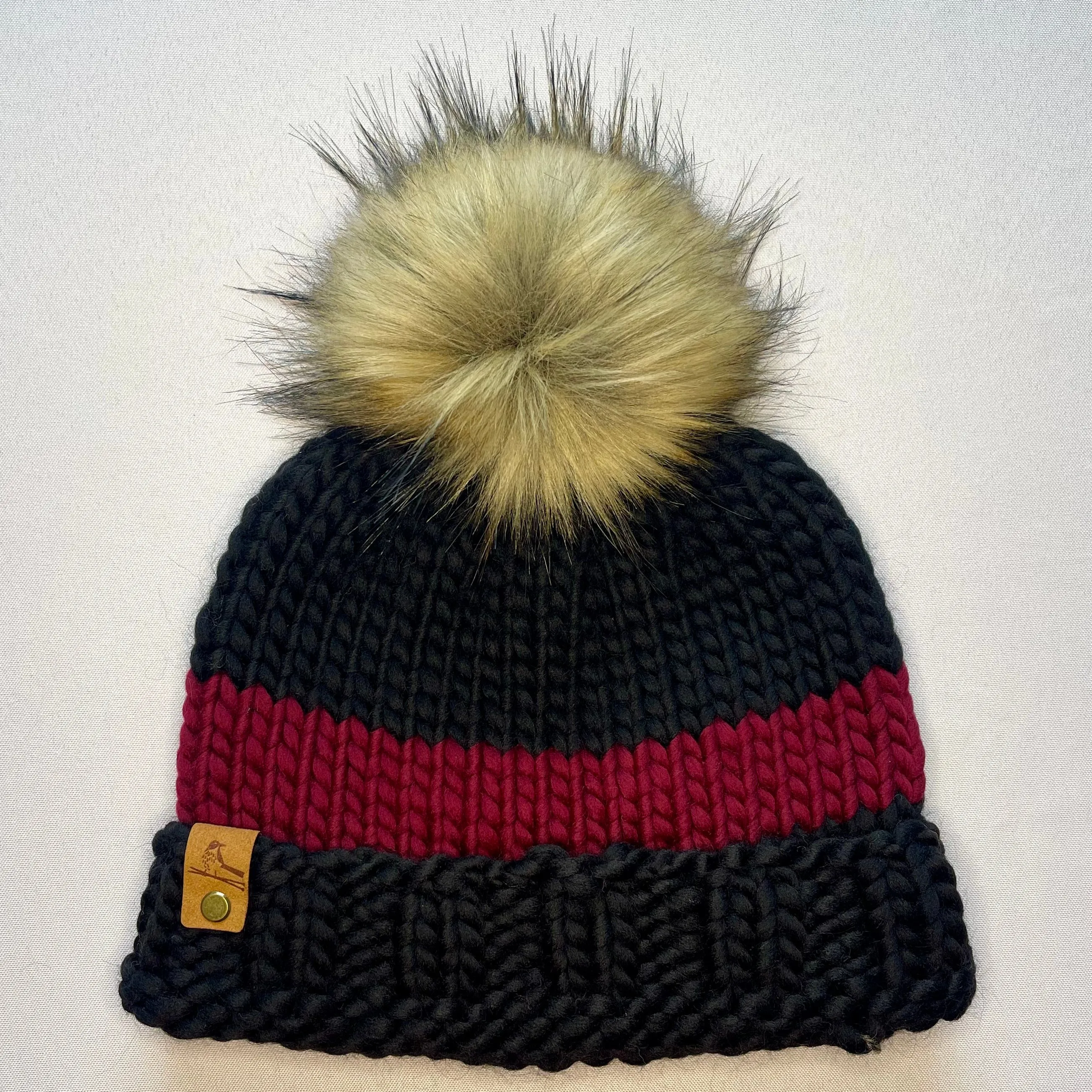 Black and Red Peruvian Wool Knit Hat with Extra Large Faux Fur Pom Pom