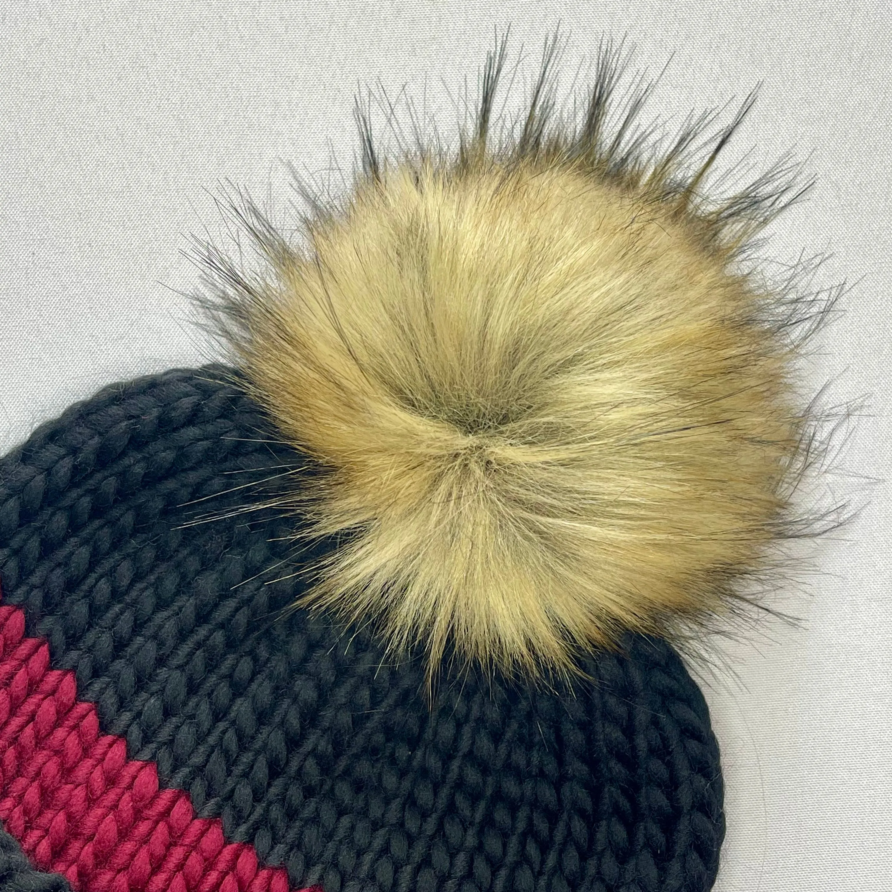 Black and Red Peruvian Wool Knit Hat with Extra Large Faux Fur Pom Pom