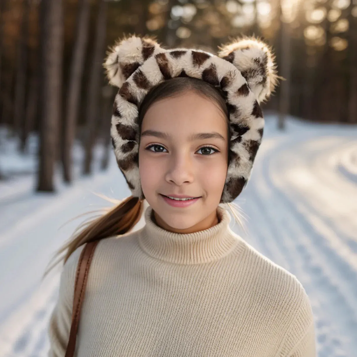 Black Ginger Animal Print Bear Head Band Ear Muffs - 800-681