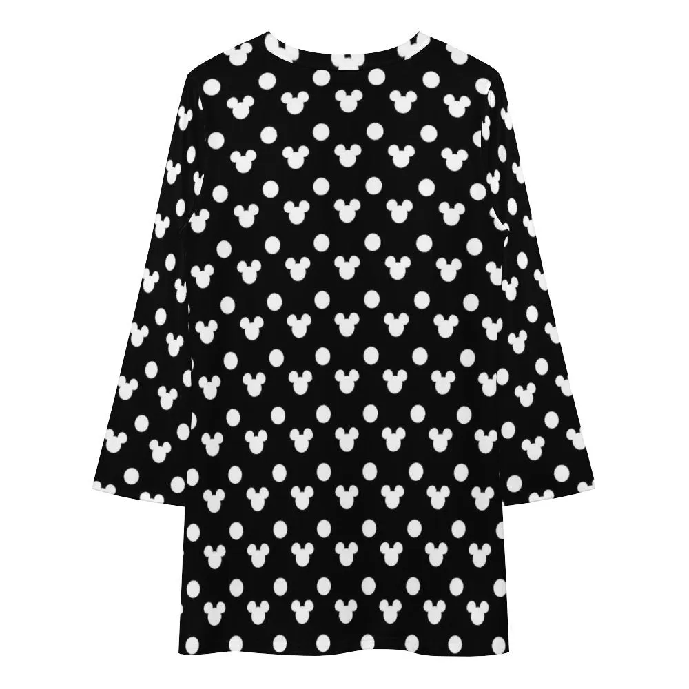 Black With White Mickey Polka Dots Long Sleeve Patchwork T-shirt Dress