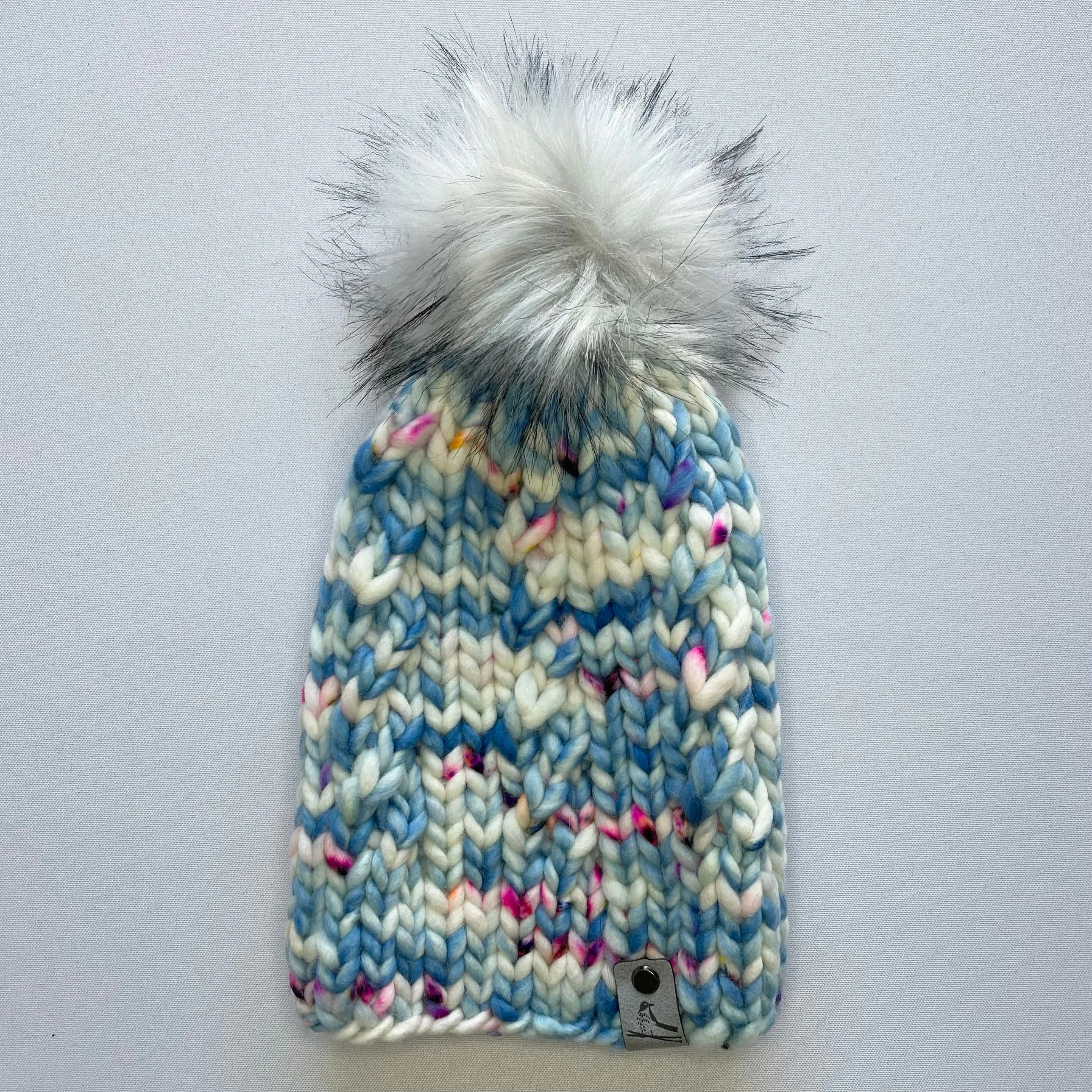 Blue and White Merino Wool Knit Hat with Faux Fur Pom Pom