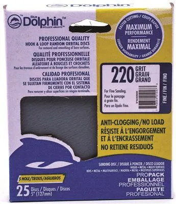 Blue Dolphin Anti-Clogging/No Load Series 5 Inch  5-Hole Hook & Loop Discs 220 Grit 25 Pack