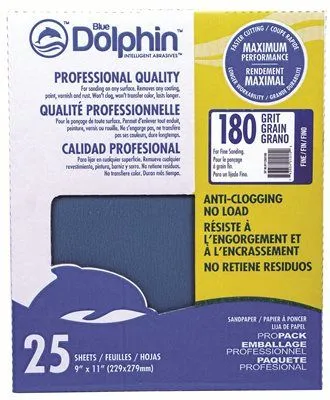 Blue Dolphin Anti-Clogging/No Load Series Sandpaper 9 Inch  X 11 Inch  180 Grit 25 Pack