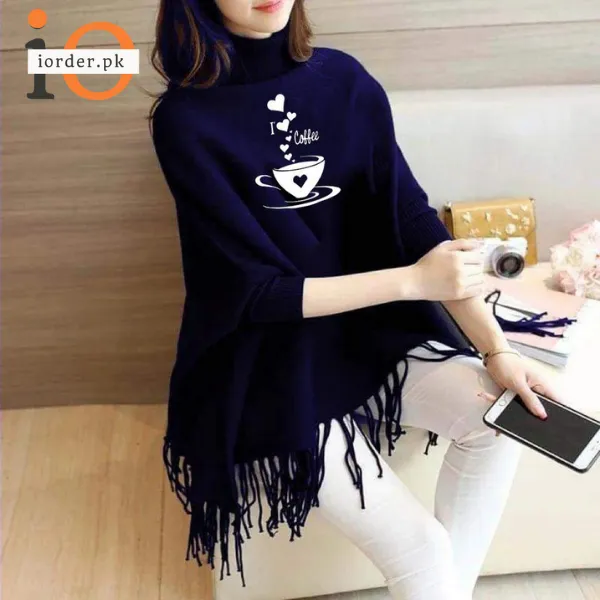 Blue I Love Coffee Printed Poncho