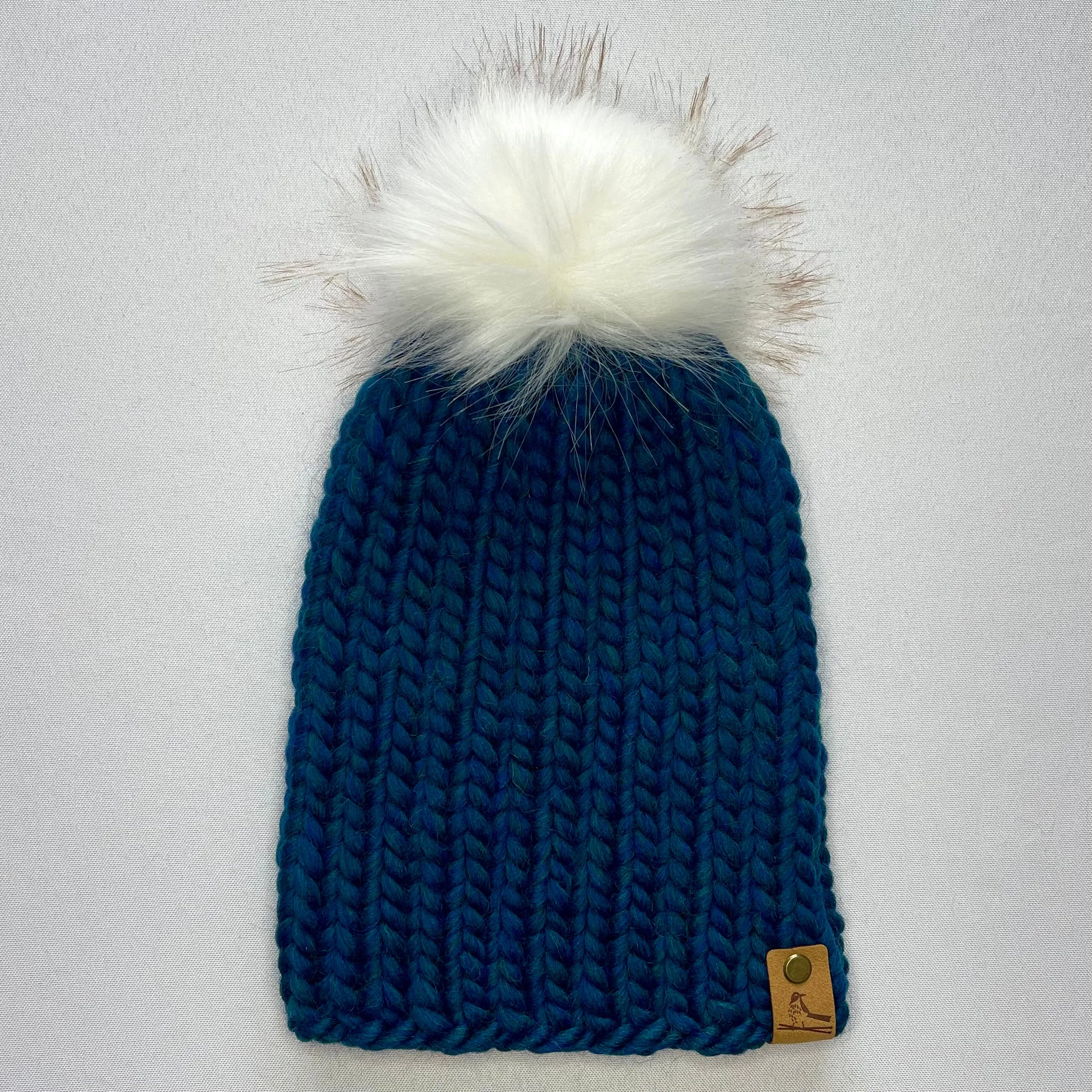 Blue Peruvian Wool Knit Hat with Faux Fur Pom Pom