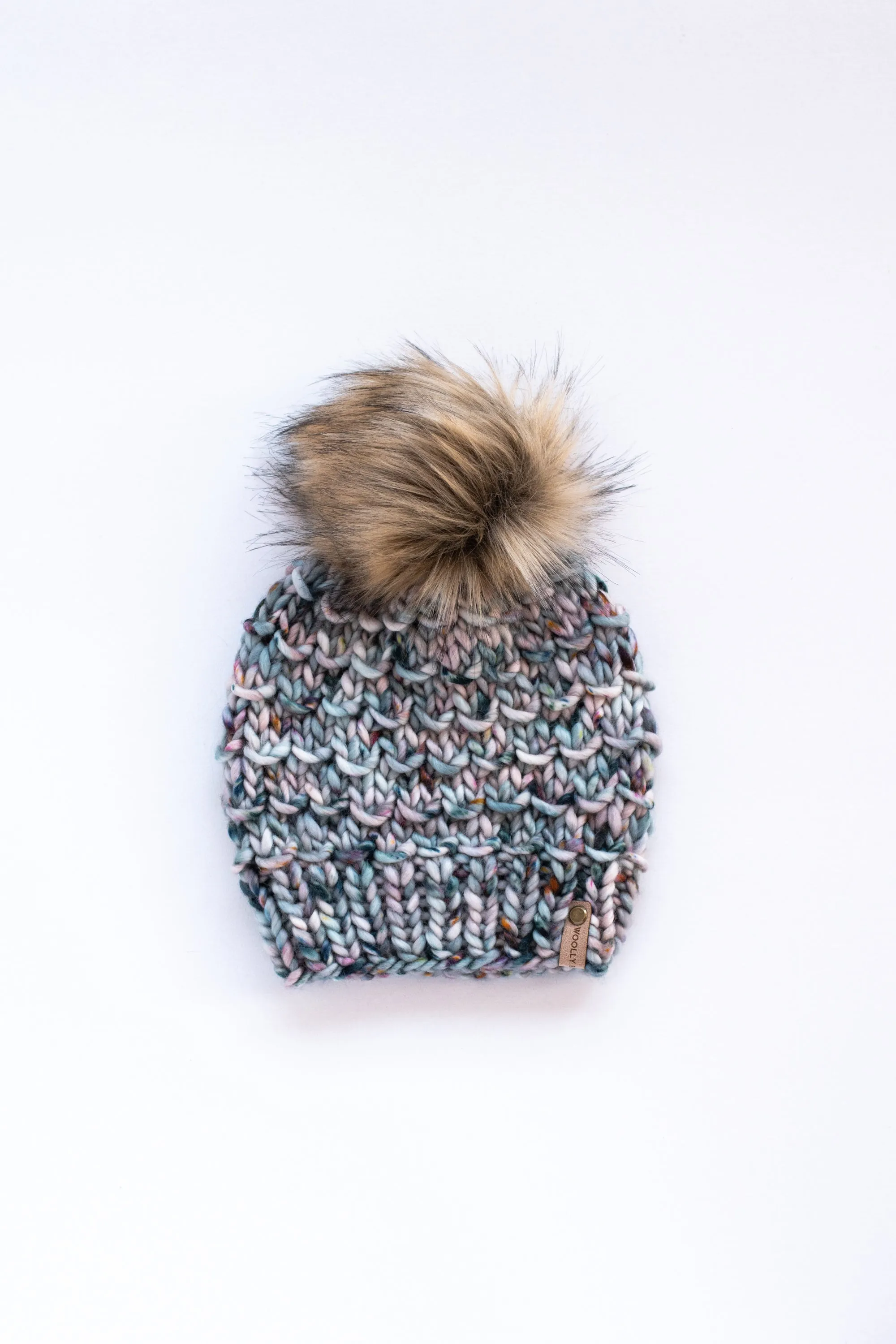 Blue Speckle Merino Wool Knit Hat with Faux Fur Pom Pom - Hand-Dyed Yarn