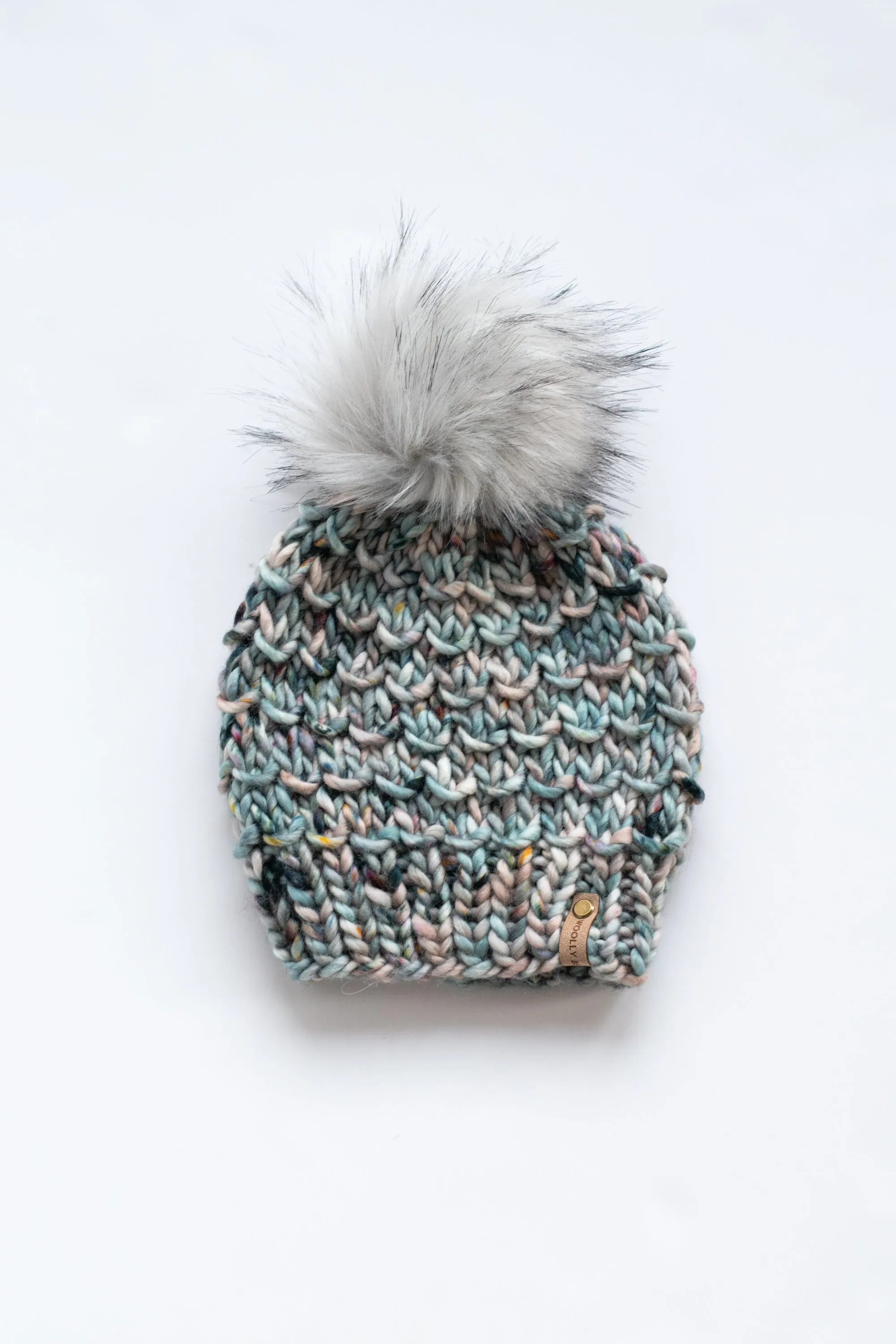 Blue Speckle Merino Wool Knit Hat with Faux Fur Pom Pom - Hand-Dyed Yarn