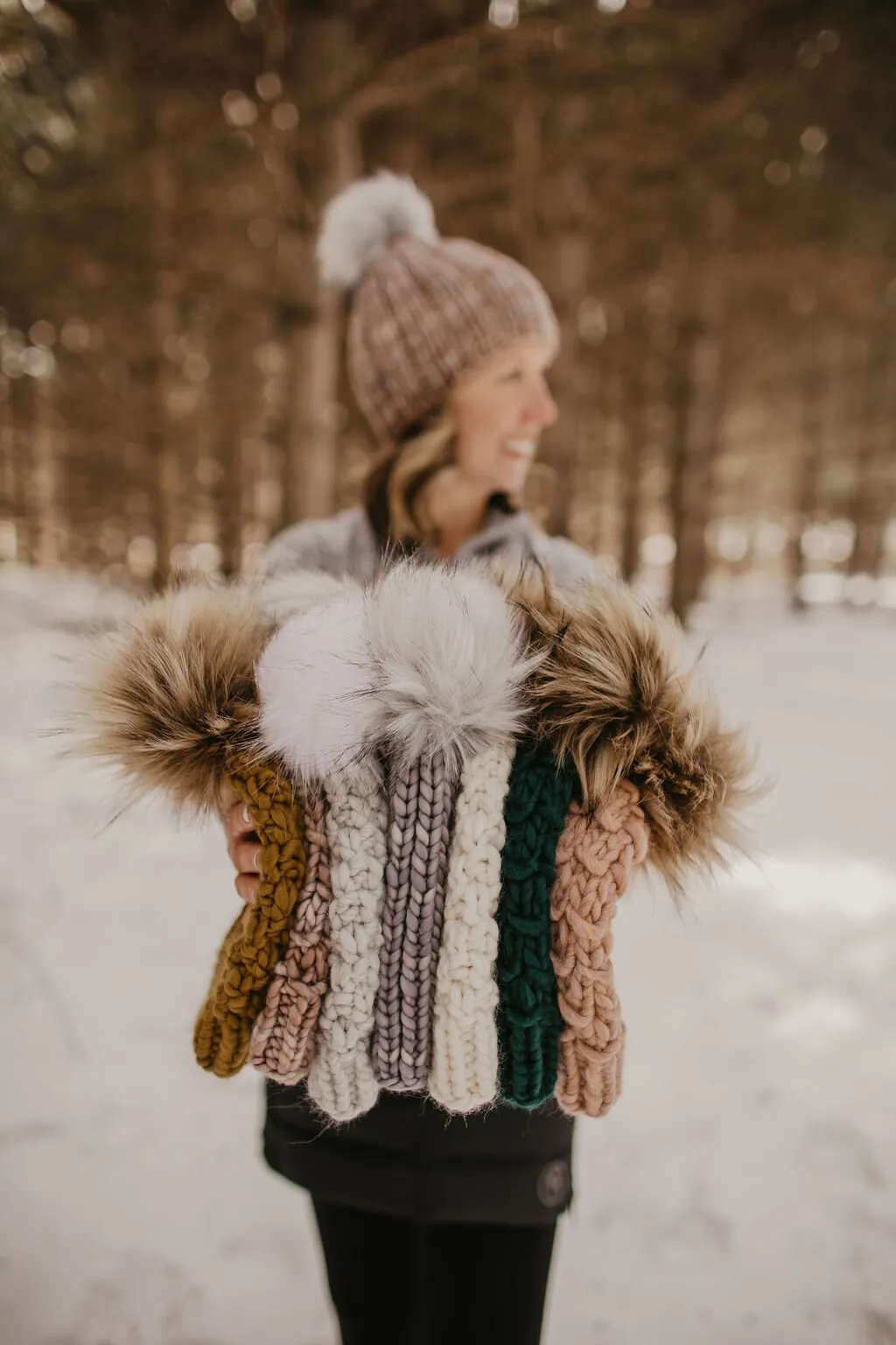 Blush Pink Peruvian Wool Knit Hat with Faux Fur Pom Pom