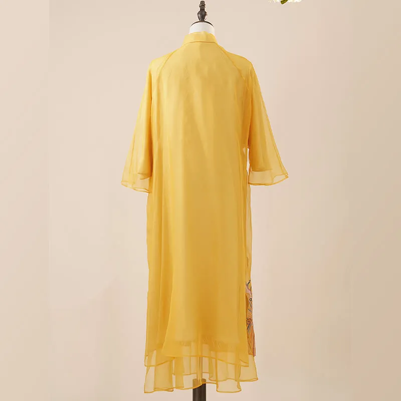 Buddha Stones 100% Mulberry Silk Organza Dress Embroidered Yellow Phoenix Qipao Cheongsam Dress