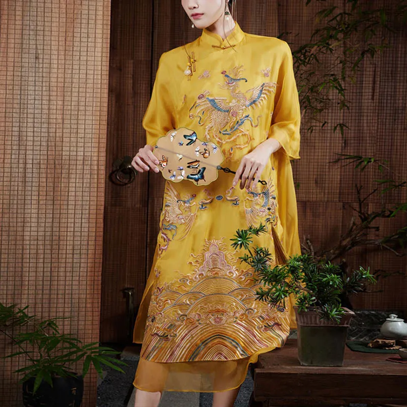 Buddha Stones 100% Mulberry Silk Organza Dress Embroidered Yellow Phoenix Qipao Cheongsam Dress