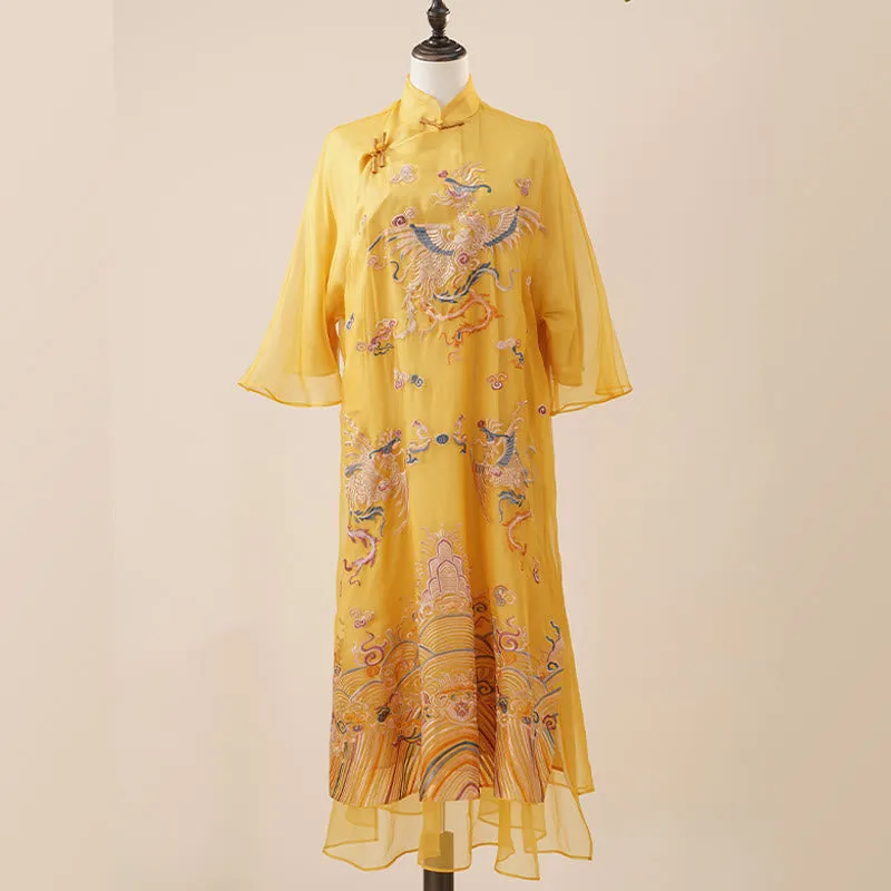 Buddha Stones 100% Mulberry Silk Organza Dress Embroidered Yellow Phoenix Qipao Cheongsam Dress