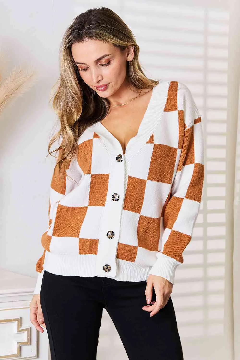 Button-Up V-Neck Dropped Shoulder Cardigan