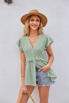 Buttoned V-Neck Ruffle Trim Top