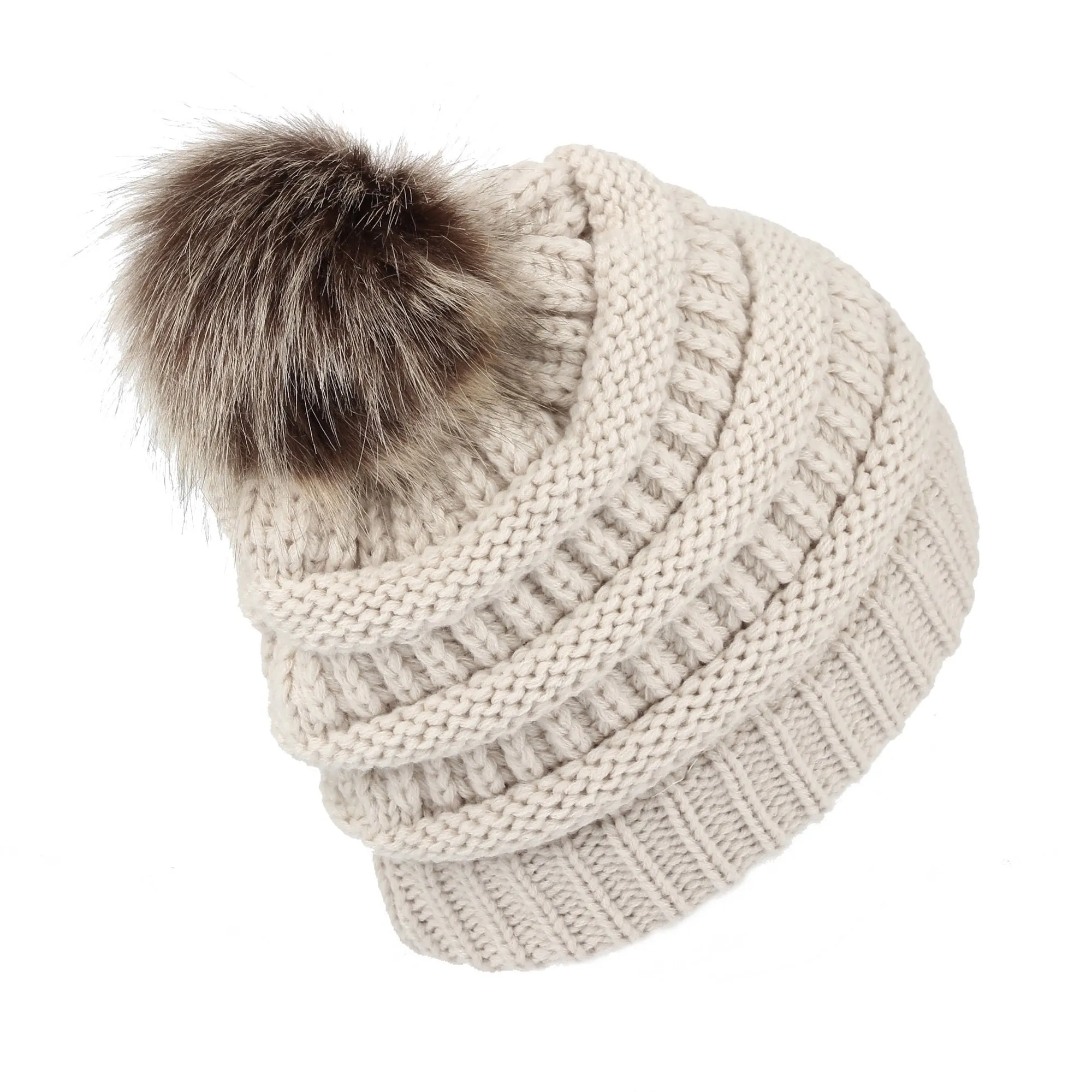 Cable Knit Ribbed Pom Beanie Winter Hat Slouchy Cap HZP0030