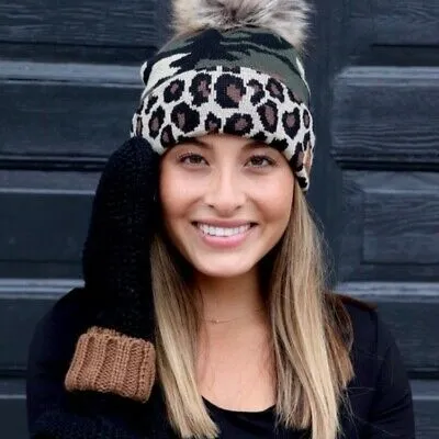 Camo & Leopard Fleece Lined Faux Fur Pom Winter Beanie Hat Womens