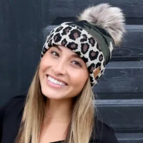 Camo & Leopard Fleece Lined Faux Fur Pom Winter Beanie Hat Womens