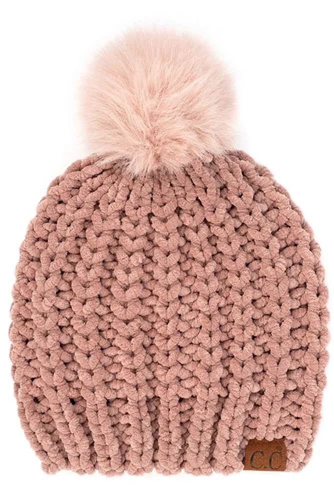 C.C Soft Chenille Chunky Yarn Beanie Hat & Gloves