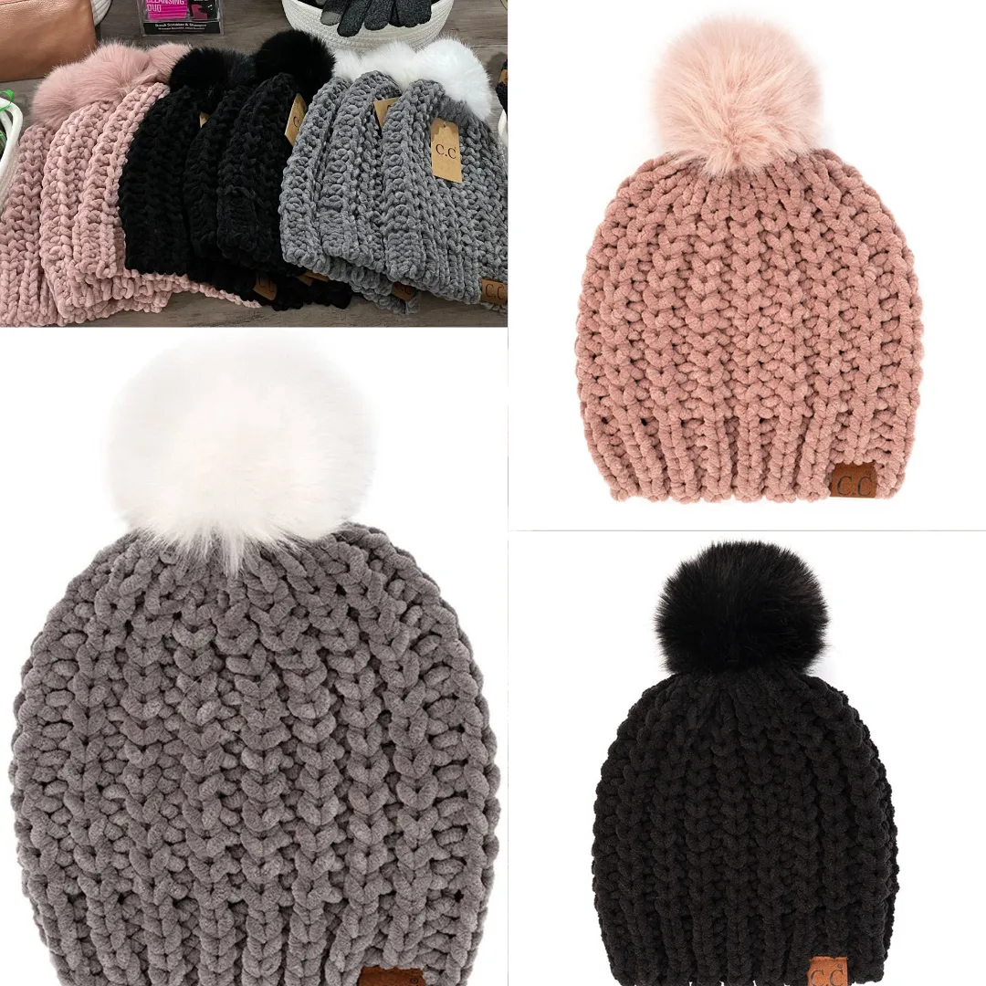 C.C Soft Chenille Chunky Yarn Beanie Hat & Gloves