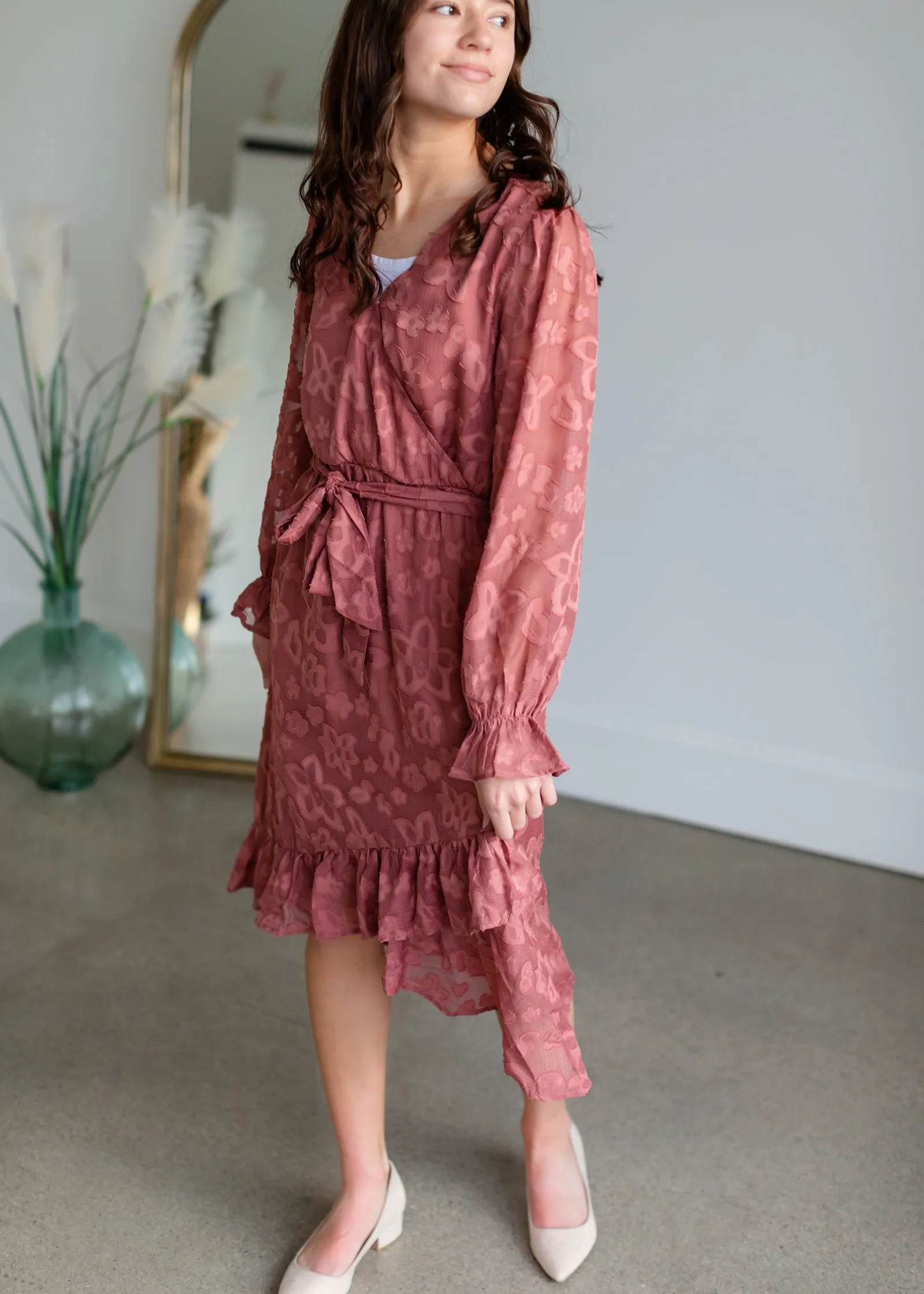 Cinched Long Sleeve Wrap Midi Dress - FINAL SALE