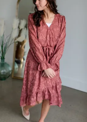 Cinched Long Sleeve Wrap Midi Dress - FINAL SALE