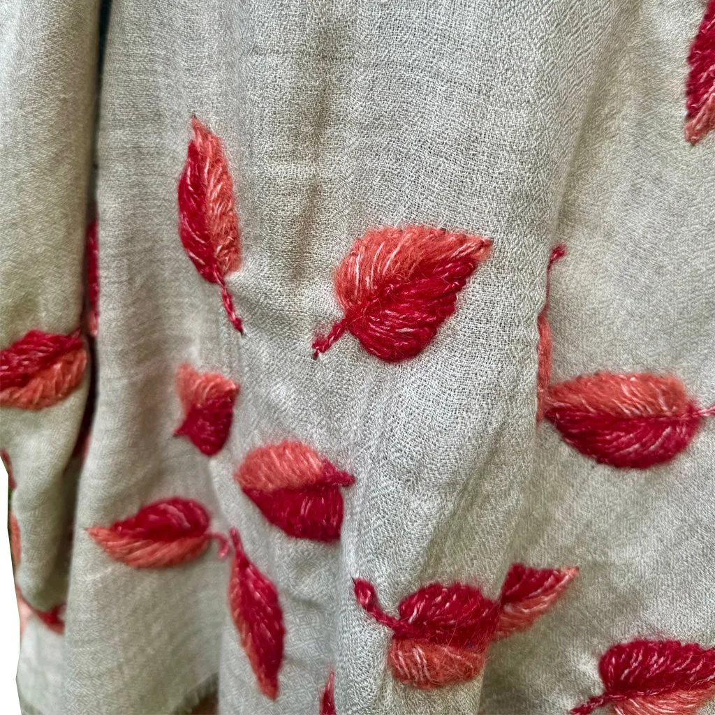 Cochin Cashmere Shawl with Red wool embroidered leaves