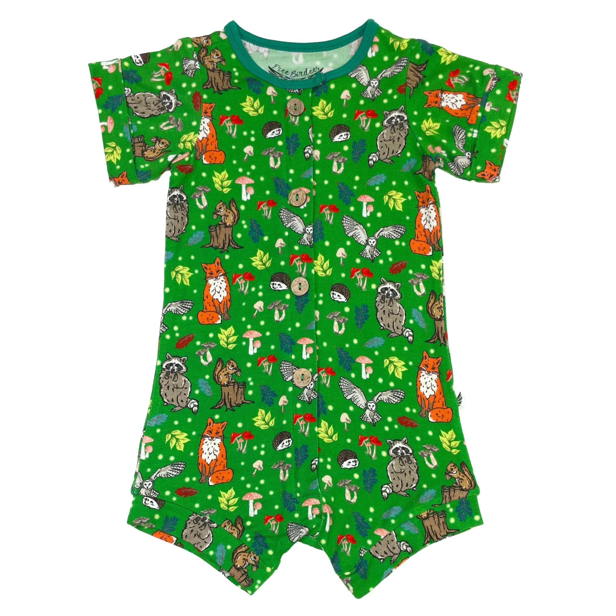 Enchanted Forest Woodland Animals Short Two-Way Zippy Romper with Faux Buttons (0-3T)