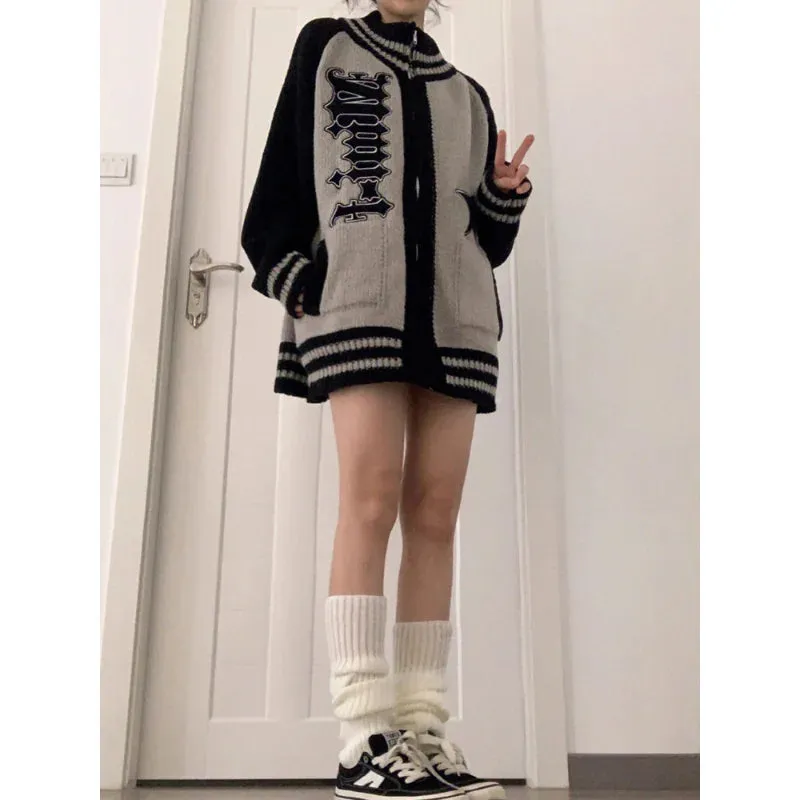 Fashionkova Streetwear Y2k Zip Sweater Cardigan Women Retro Grey Striped Patchwork Oversize Letter Jumper Korean Style Knitted Top