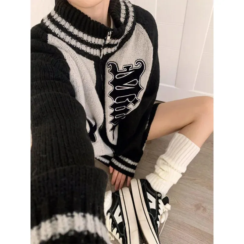 Fashionkova Streetwear Y2k Zip Sweater Cardigan Women Retro Grey Striped Patchwork Oversize Letter Jumper Korean Style Knitted Top