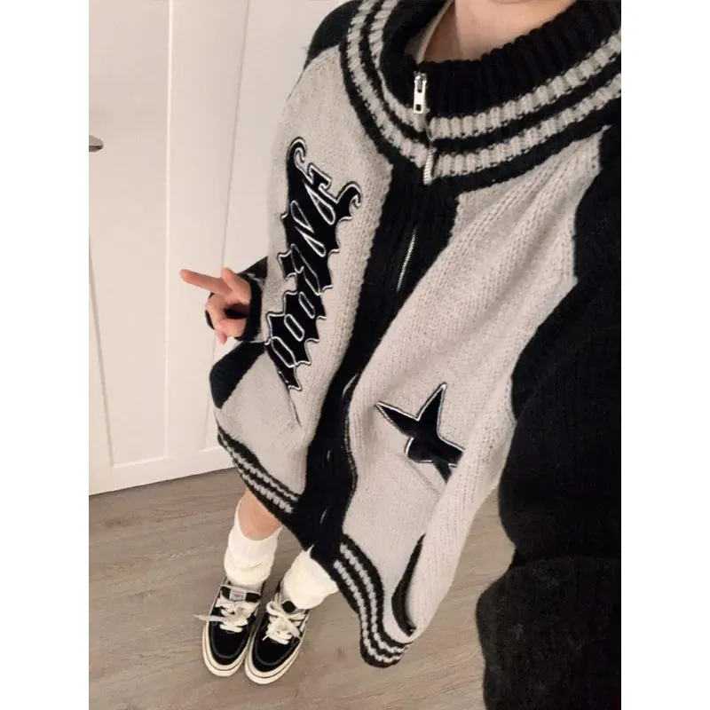 Fashionkova Streetwear Y2k Zip Sweater Cardigan Women Retro Grey Striped Patchwork Oversize Letter Jumper Korean Style Knitted Top