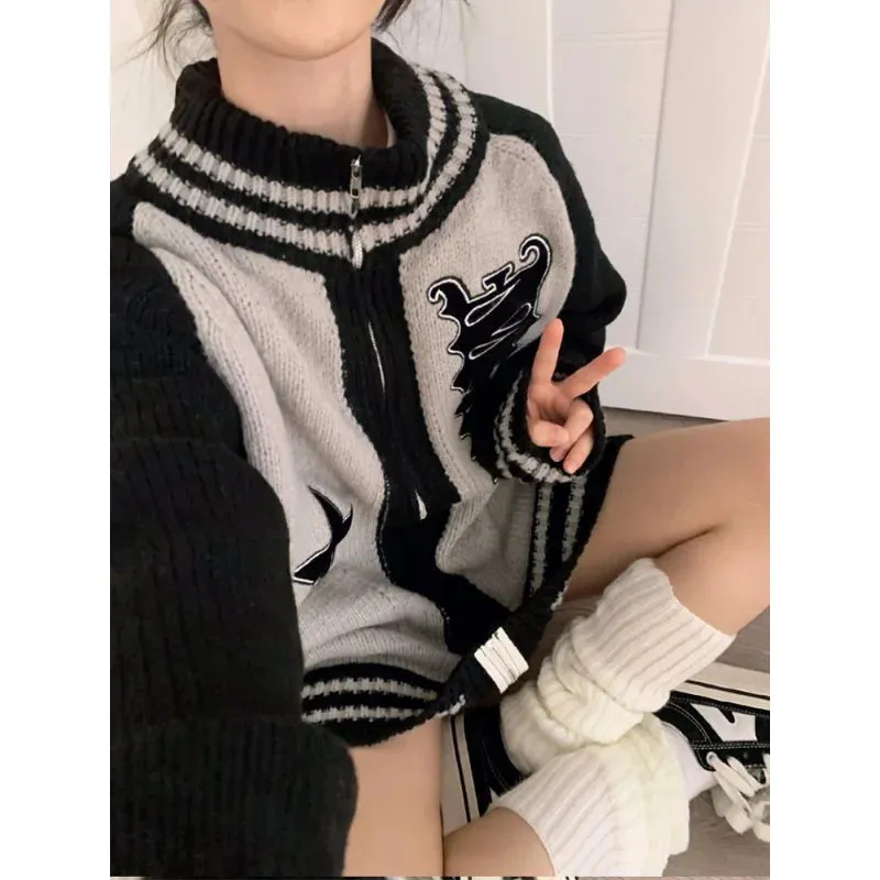 Fashionkova Streetwear Y2k Zip Sweater Cardigan Women Retro Grey Striped Patchwork Oversize Letter Jumper Korean Style Knitted Top